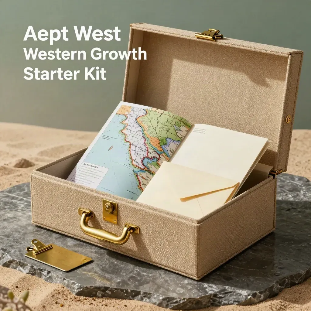 Tan linen strategy kit with map folio, booklet, envelope and brass card on wet stone.