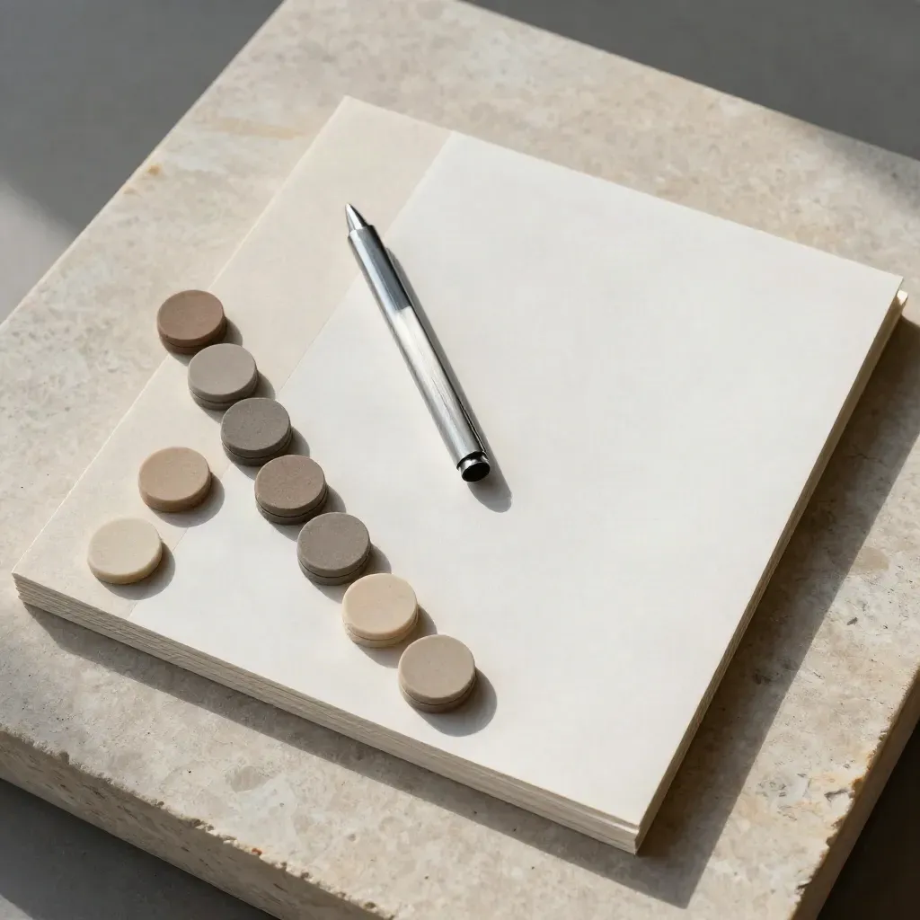 Overhead scorecard board with chip markers and a steel clip on pale stone.